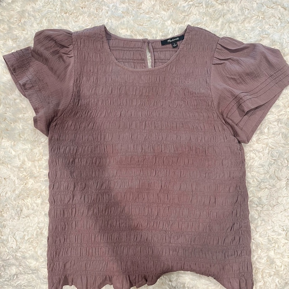 Madewell smocked top with a flutter sleeve. Medium. Mauve/ amethyst color.